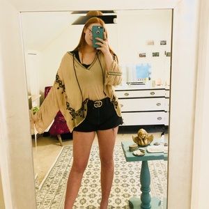 Free People tan embroidered long sleeve blouse